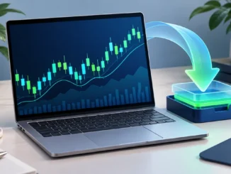 Laptop with a financial chart and a visual download and installation element