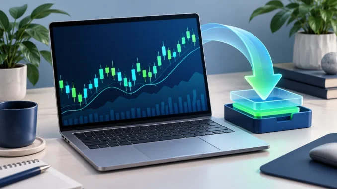 Notebook com gráfico financeiro e elemento visual de download e instalação