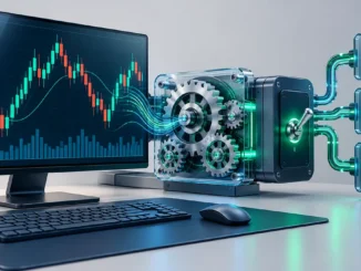 Gráfico financeiro conectado a engrenagens e circuitos de automação