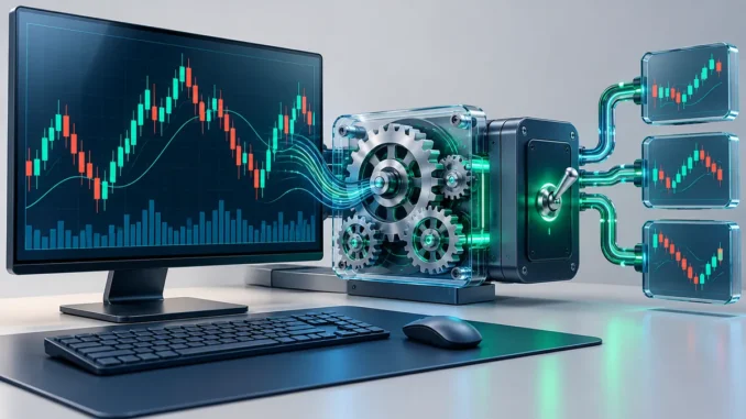 Financial chart connected to automation gears and circuits