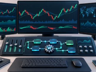 Financial panel with controls and a visual automated configuration flow