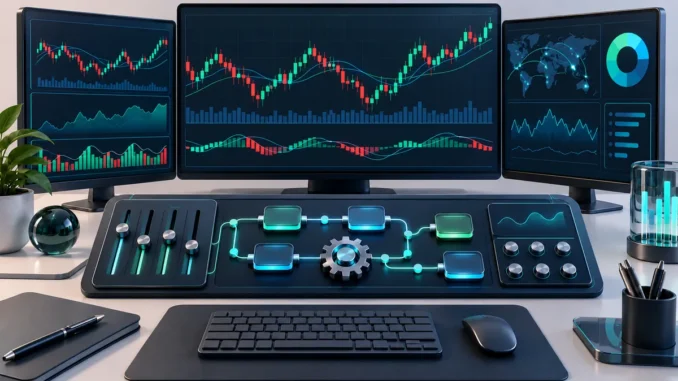 Finanzkonsole mit Reglern und visuellem Ablauf einer automatisierten Einrichtung