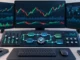 Painel financeiro com controles e fluxo visual de configuração automatizada