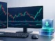 Arbeitsstation mit Finanzmonitoren und Installationselementen